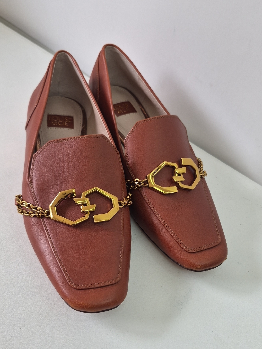 Louise et Cie Tan Leather Slip-On with Gold‎ Logo Plaque Size 5.5